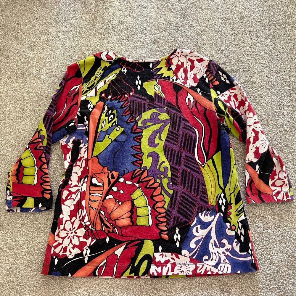 Vintage y2k Retro Colorful Abstract Stretchy V-neck Top with 3/4 Sleeves - Picture 6 of 9